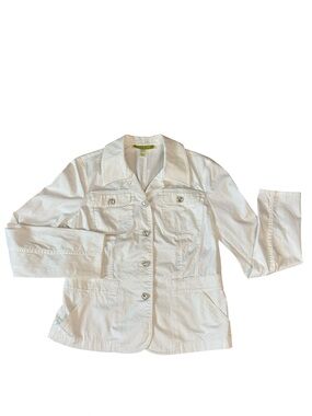 Sigrid Olsen White Cropped Canvas Blazer Jacket Rhinestone Buttons Size 6